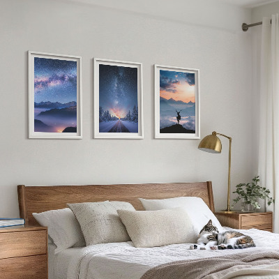 Three-piece wall art piece Night sky mountains fog deer