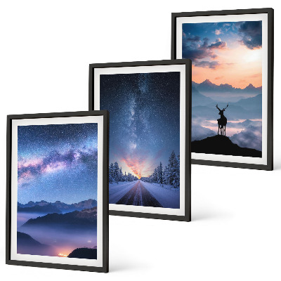 Three-piece wall art piece Night sky mountains fog deer