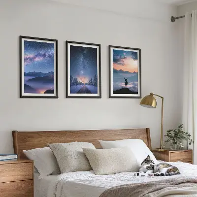 Three-piece wall art set night sky mountains with fog and deer