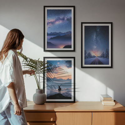Three-piece wall art piece Night sky mountains fog deer
