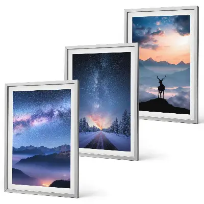 Three-piece wall art set night sky mountains with fog and deer