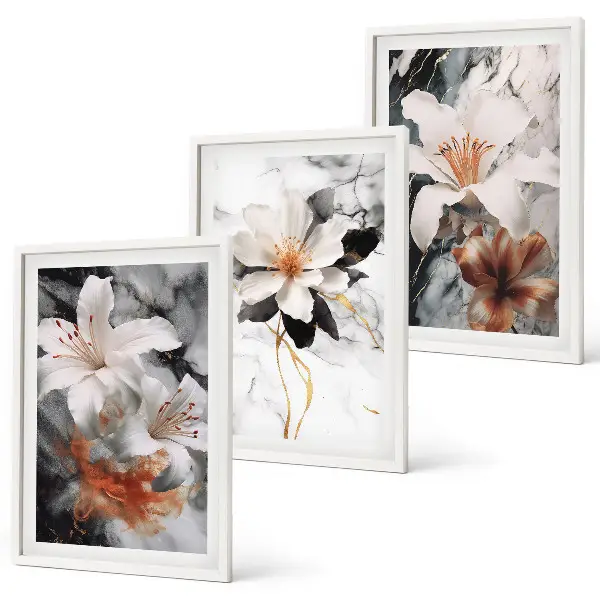 Set of 3 framed wall art pieces with a white and black marble flower design