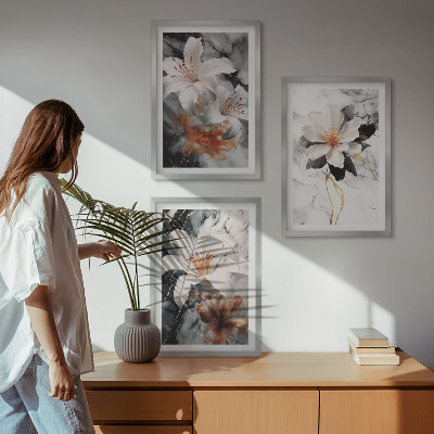 Set of 3 framed wall art pieces Flowers marble white black
