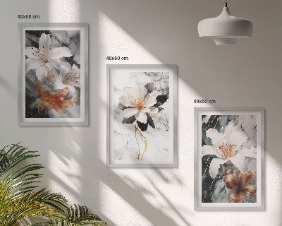 Set of 3 framed wall art pieces Flowers marble white black