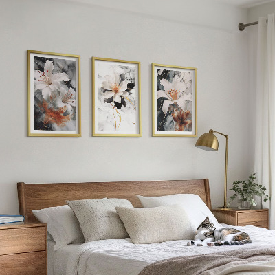 Set of 3 framed wall art pieces Flowers marble white black