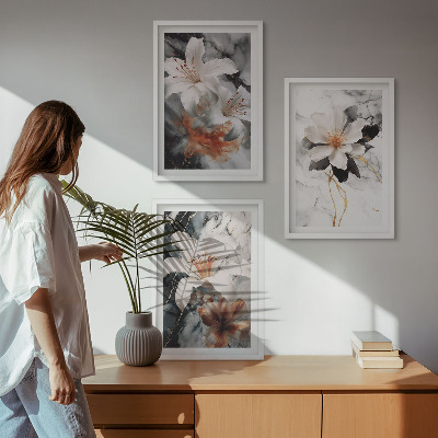 Set of 3 framed wall art pieces Flowers marble white black