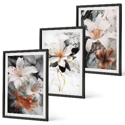 Set of 3 framed wall art pieces with a white and black marble flower design