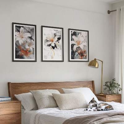 Set of 3 framed wall art pieces Flowers marble white black