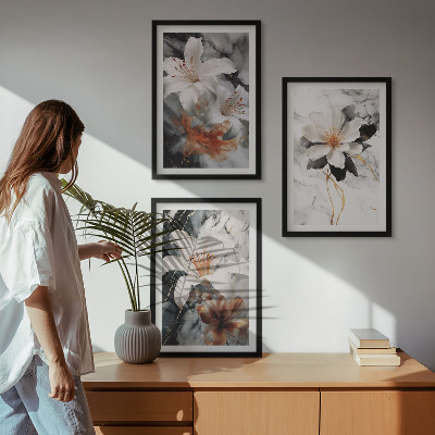 Set of 3 framed wall art pieces Flowers marble white black