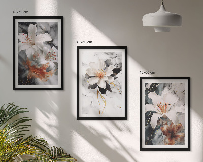 Set of 3 framed wall art pieces Flowers marble white black