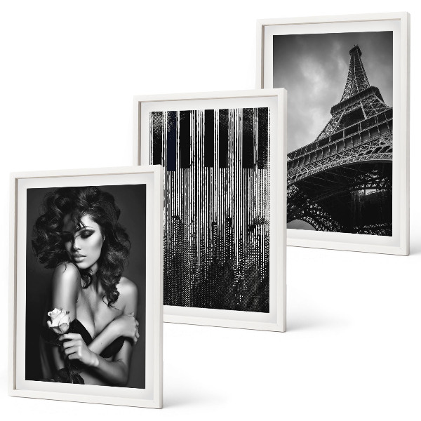 Three-piece wall art piece Portrait of a Woman with an Eiffel Rose