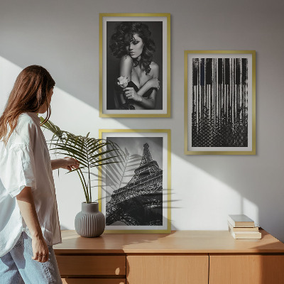 Three-piece wall art piece Portrait of a Woman with an Eiffel Rose