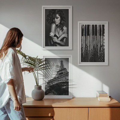 Three-piece wall art piece Portrait of a Woman with an Eiffel Rose