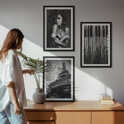 Three-piece wall art piece Portrait of a Woman with an Eiffel Rose
