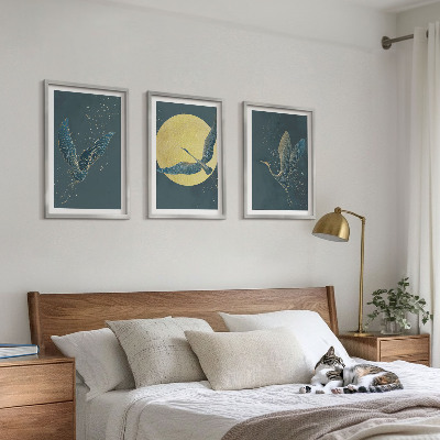 Set of 3 framed wall art pieces Cranes in flight at night