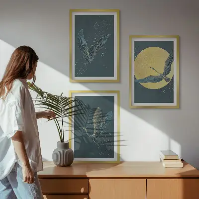 Cranes in flight at night set of 3 framed wall art pieces