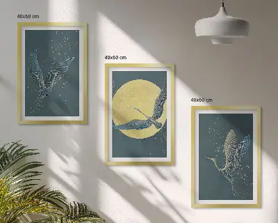 Cranes in flight at night set of 3 framed wall art pieces