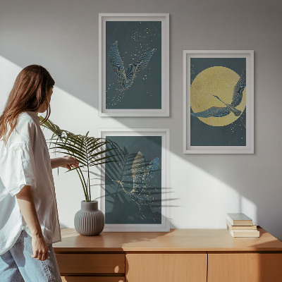 Set of 3 framed wall art pieces Cranes in flight at night