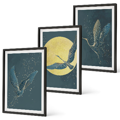 Set of 3 framed wall art pieces Cranes in flight at night