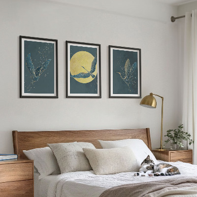 Set of 3 framed wall art pieces Cranes in flight at night