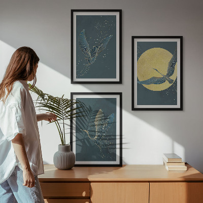 Set of 3 framed wall art pieces Cranes in flight at night