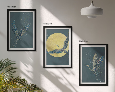 Set of 3 framed wall art pieces Cranes in flight at night