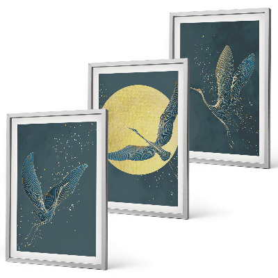 Set of 3 framed wall art pieces Cranes in flight at night