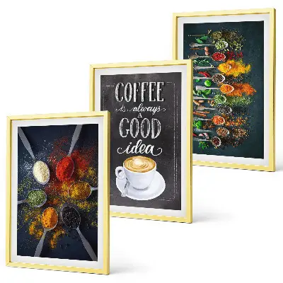 Three-piece wall art set featuring spices, coffee, herbs, and patterns