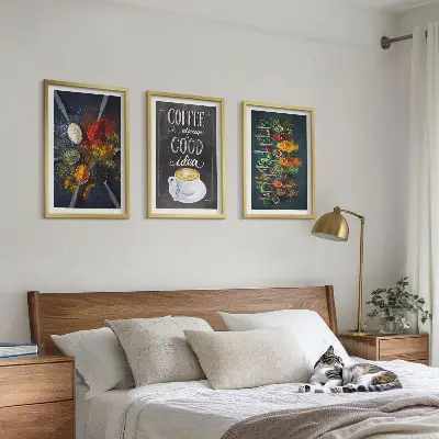 Three-piece wall art set featuring spices, coffee, herbs, and patterns