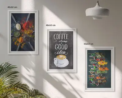 Three-piece wall art set featuring spices, coffee, herbs, and patterns