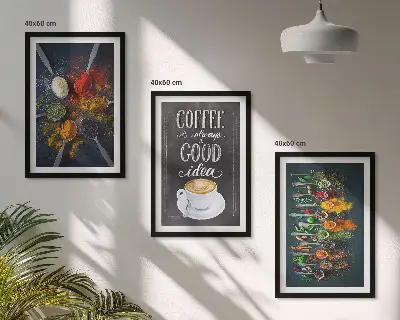 Three-piece wall art set featuring spices, coffee, herbs, and patterns