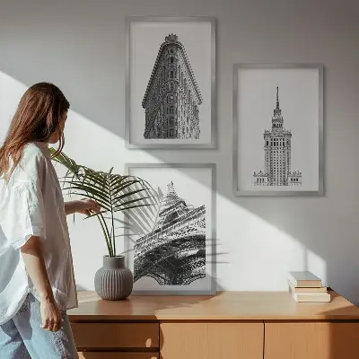 Architectural wall art set black and white buildings