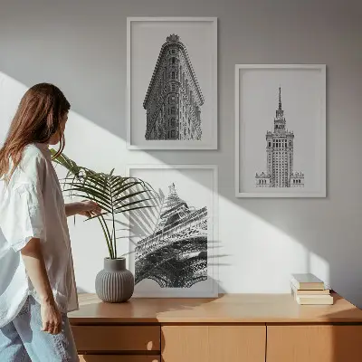 Architectural wall art set black and white buildings