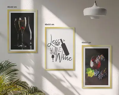 Set of 3 framed wall art pieces wine glasses with grapes and inscription