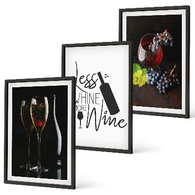 Set of 3 framed wall art pieces Glasses of wine with grapes and inscription