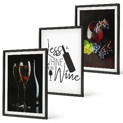 Set of 3 framed wall art pieces wine glasses with grapes and inscription