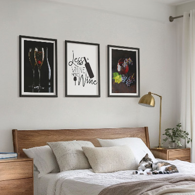 Set of 3 framed wall art pieces Glasses of wine with grapes and inscription
