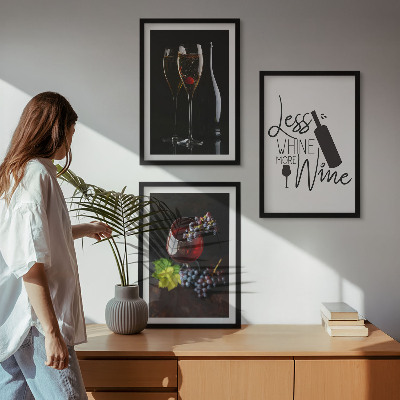 Set of 3 framed wall art pieces Glasses of wine with grapes and inscription