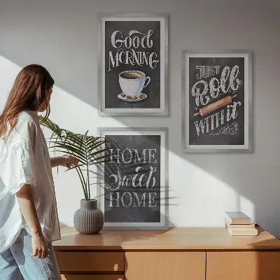 Set of 3 framed wall art pieces with home kitchen motifs and inscriptions