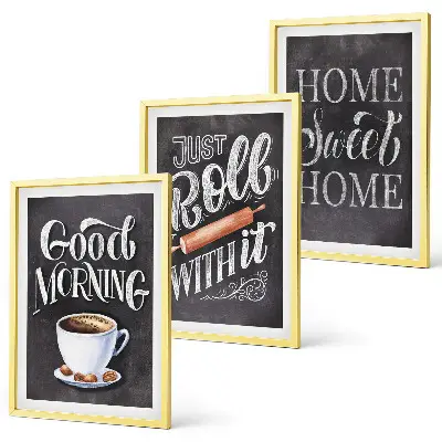 Set of 3 framed wall art pieces with home kitchen motifs and inscriptions