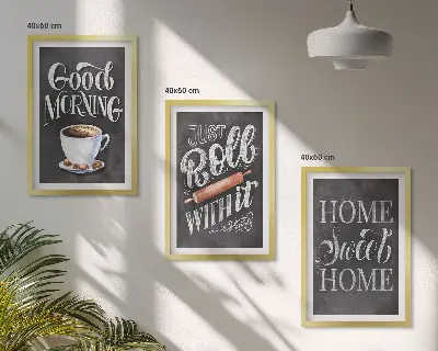 Set of 3 framed wall art pieces with home kitchen motifs and inscriptions
