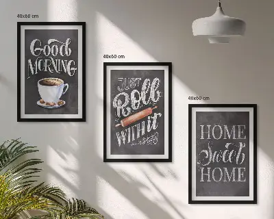 Set of 3 framed wall art pieces with home kitchen motifs and inscriptions