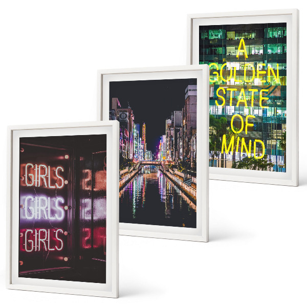 Set of 3 framed wall art pieces Neon signs river at night
