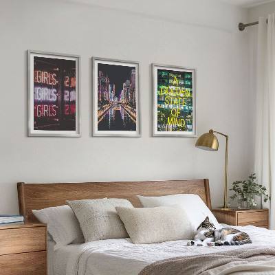 Set of 3 framed wall art pieces Neon signs river at night