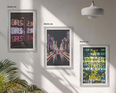 Set of 3 framed wall art pieces Neon signs river at night