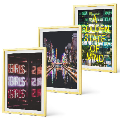 Set of 3 framed wall art pieces Neon signs river at night