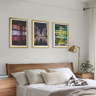 Set of 3 framed wall art pieces Neon signs river at night
