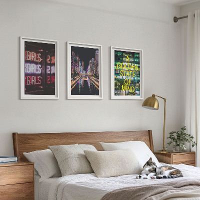 Set of 3 framed wall art pieces Neon signs river at night