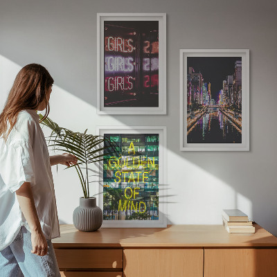 Set of 3 framed wall art pieces Neon signs river at night