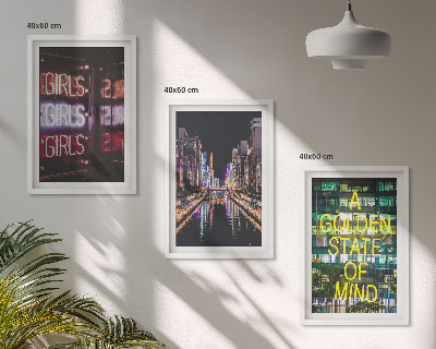 Set of 3 framed wall art pieces Neon signs river at night